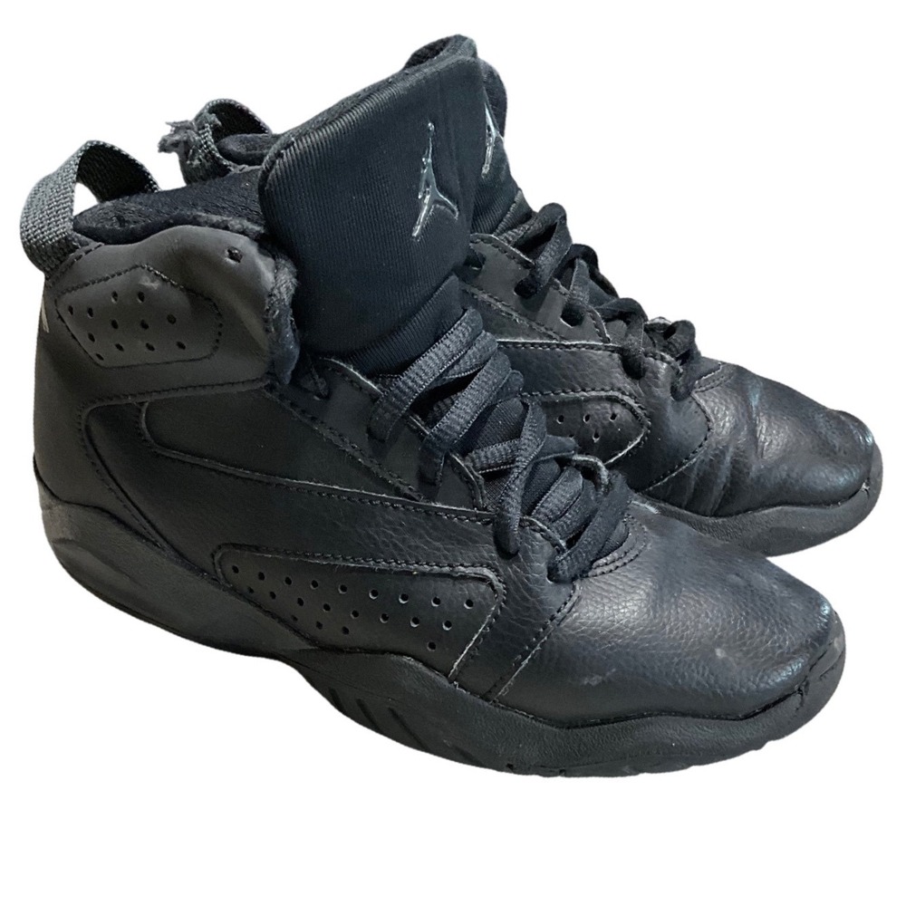 Jordan Club 91 Kids Sneakers Size 1Y Leather Triple Black Mid Top Basketball